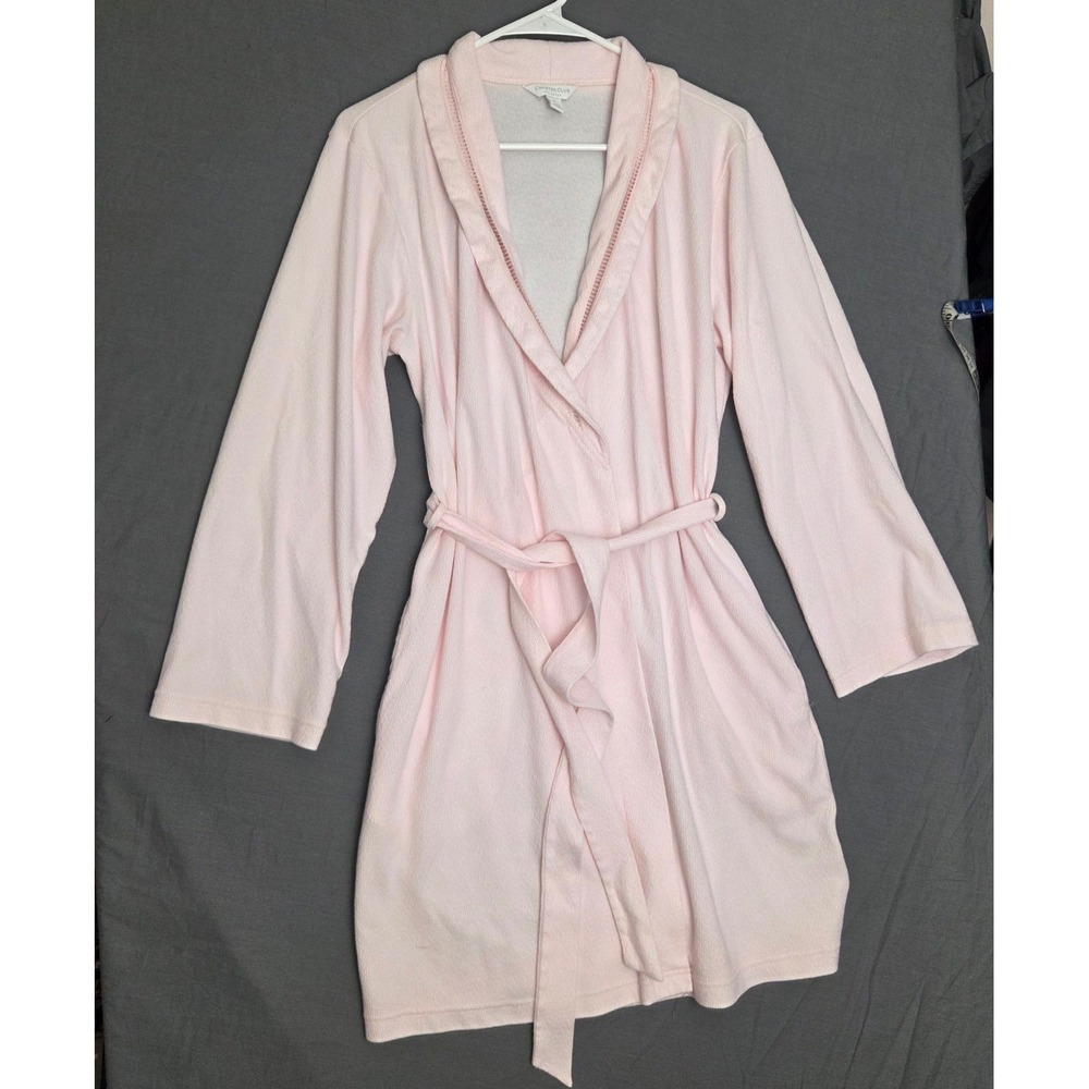 Charter Club Women's Pink Plush Ribbed Spa Robe Lattice Trim Belted Size M